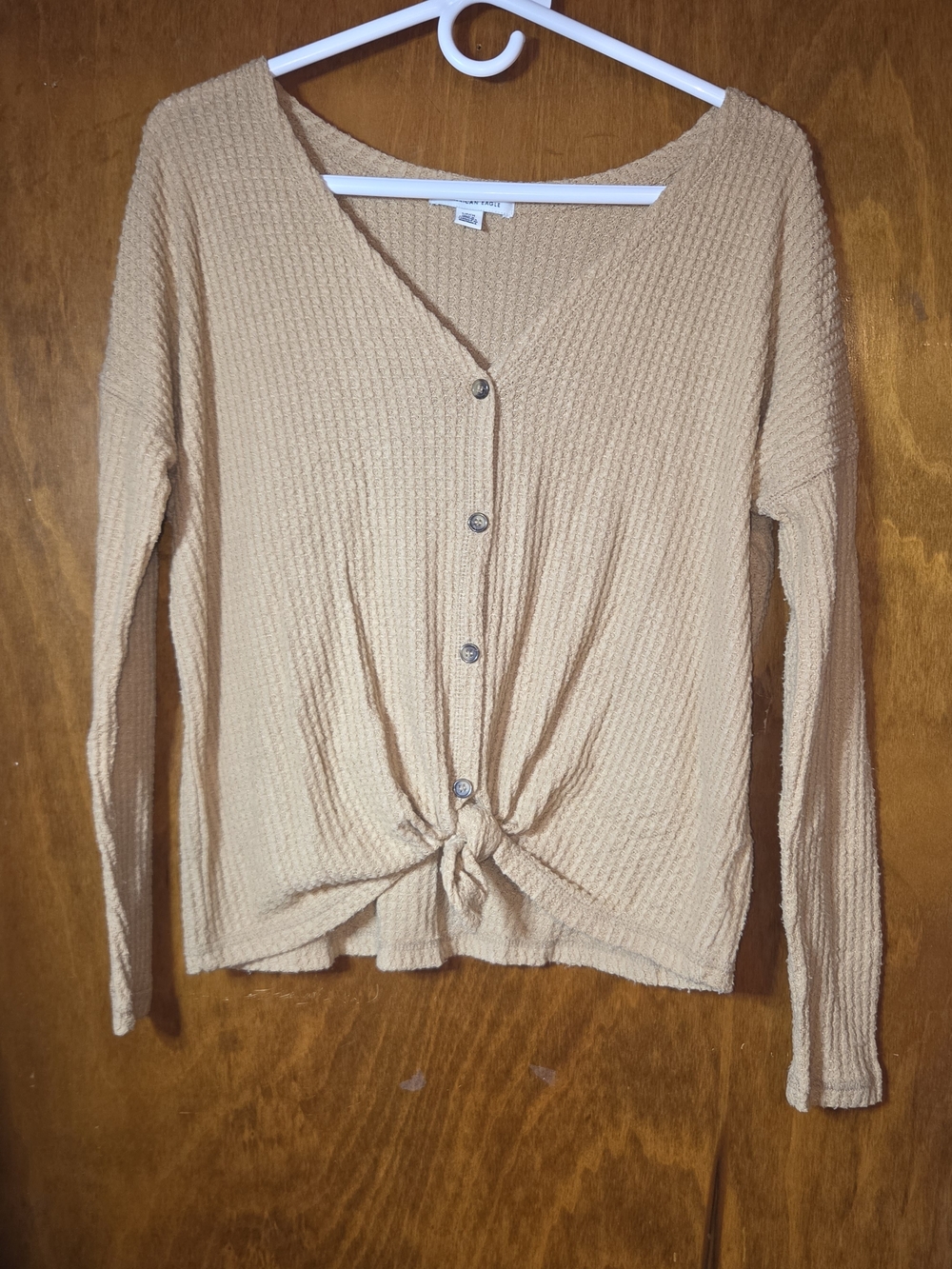 American Eagle Honey Amber Waffle Knit Button Front Tie Hem Top Size S